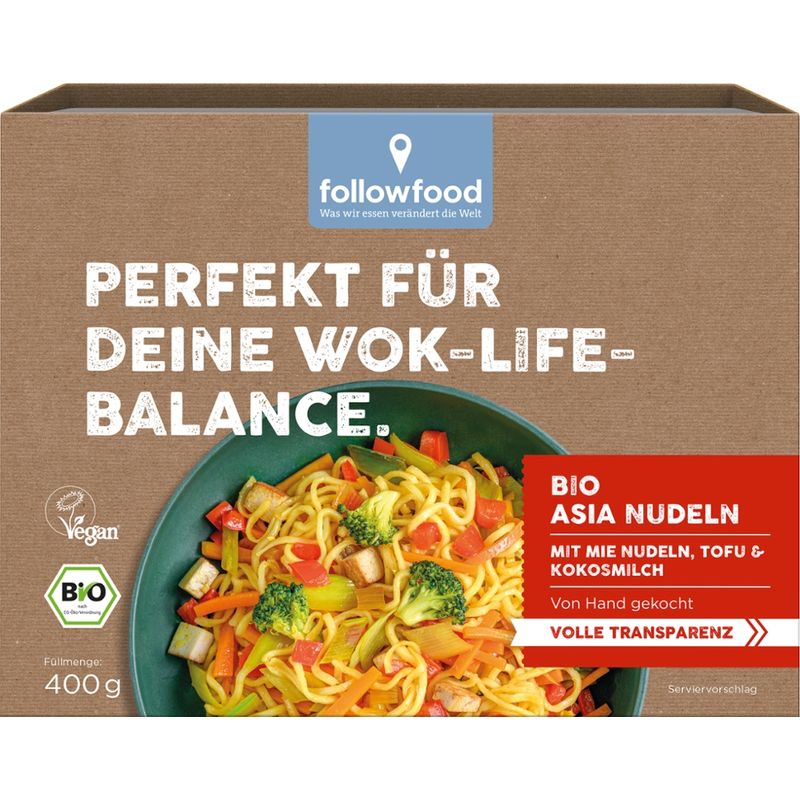 followfood Asia-Nudeln mit Mie-Nudeln, Tofu und Kokosmilch. Produziert in Deutschland. - Produktbild