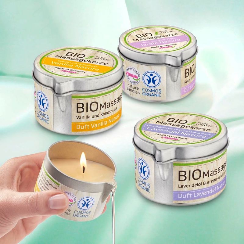 stuwa BIO Massagekerze Metalldose mit Ausgießer 100 ml Lavendel Natura BDIH Cosmos Organic - Produktbild
