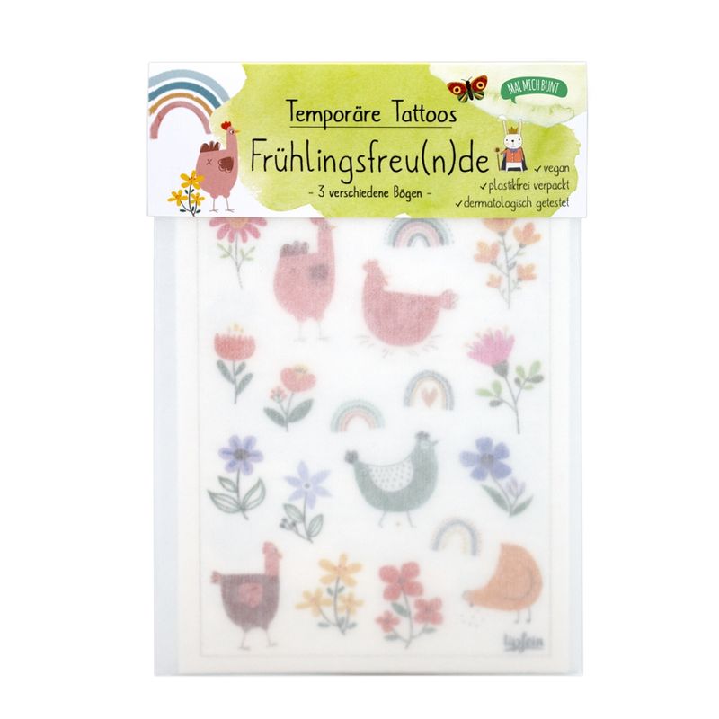 Malmichbunt Nachhaltige Kindertattoos "Frühlingsfreu(n)de" (Osterhasen, Schmetterlinge, Wiese) - Produktbild