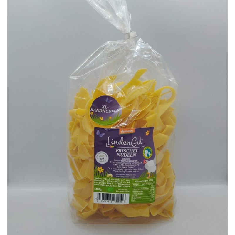 LindenGut Bio XL Band-Frischeinudeln aus der Zweinutzungshuhn-Hühnermobilhaltung der ökologischen Tierzucht, Demeter, 500g vom LindenGut - Produktbild