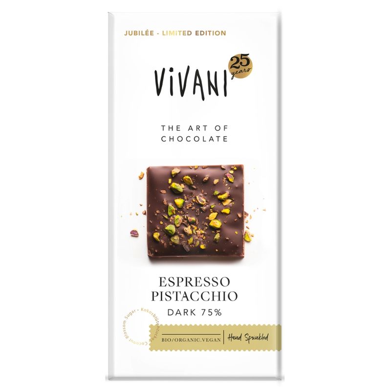 Vivani Espresso Pistacchio Dark 75%  Jubiläumstafel 25 Jahre VIVANI - Produktbild