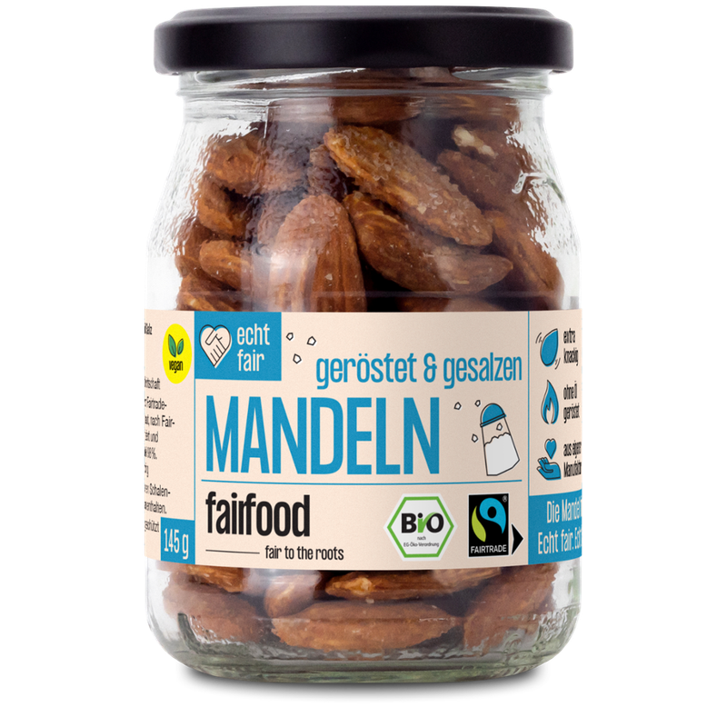 fairfood Freiburg Faire Mandeln geröstet & gesalzen (145g, Pfandglas klein, Bio & Fairtrade) - Produktbild