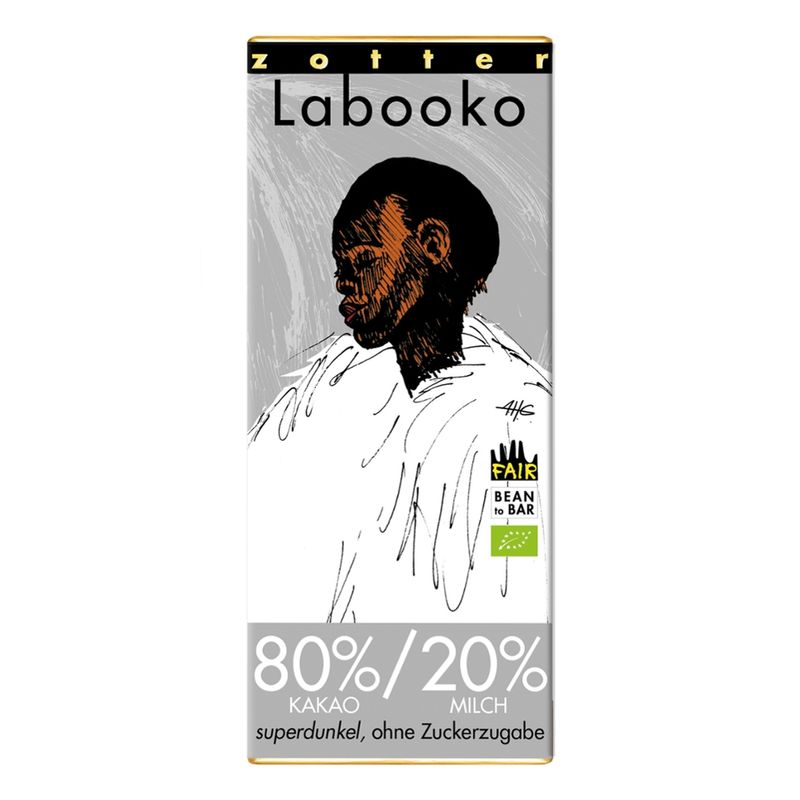 Zotter Schokolade Labooko - 80%/20% Kakao-Milch-Tafel superdunkel ohne Zuckerzugabe (2x32,5g) - Produktbild