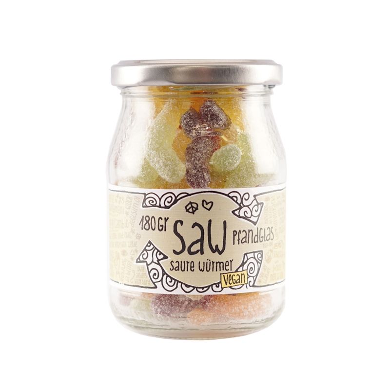 GUTDING SAW - Saure Bio-Würmer vegan mit Kirsch-,  Ananas-, Apfel- &, Orangengeschmack im Pfandglas - Produktbild