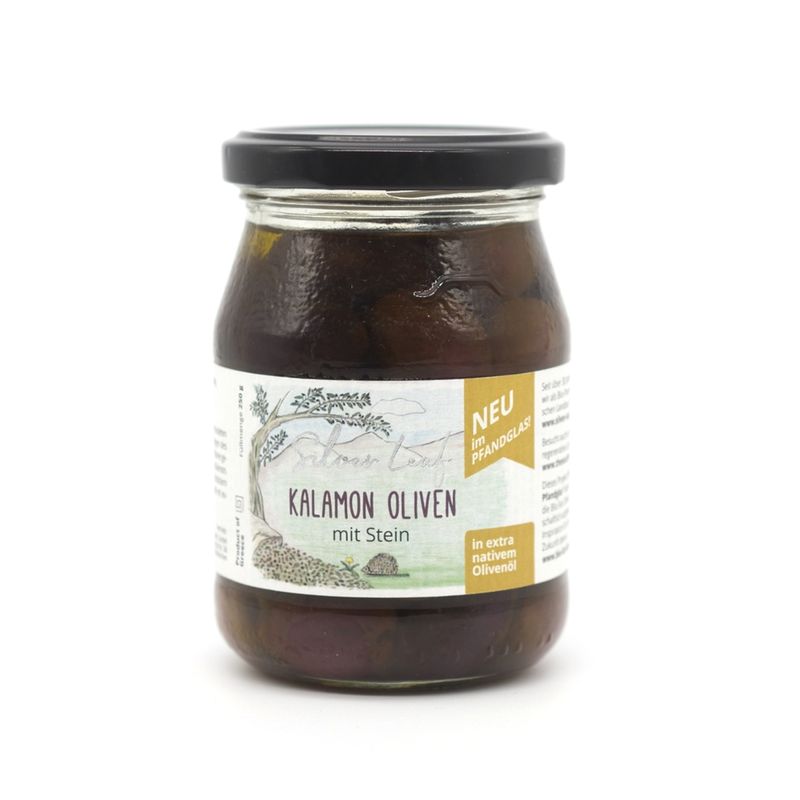 Silver leaf Kalamon Oliven im Pfandglas, in Olivenöl, mit Stein (250 g) - Produktbild