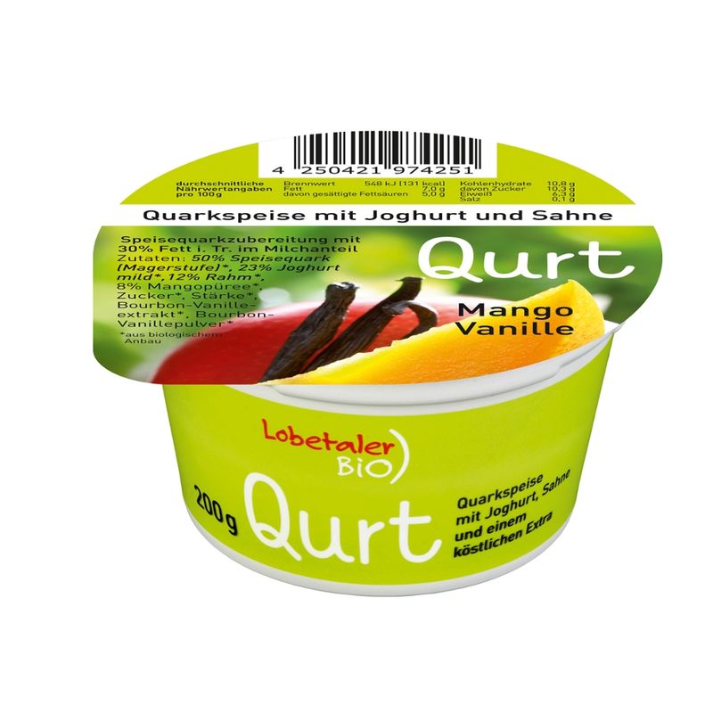 Lobetaler Bio Quarkspeise mit Joghurt +Sahne Mango-Vanille - Produktbild