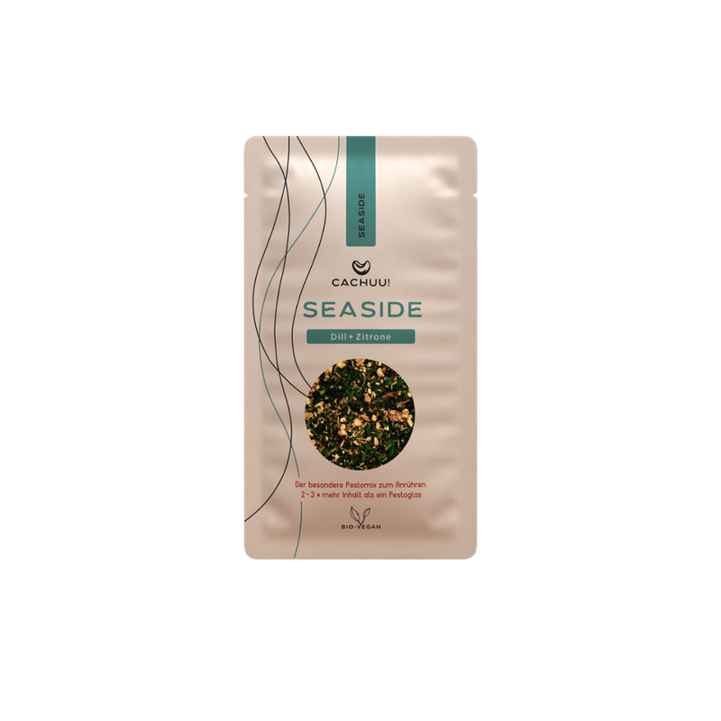 Cachuu! Cachuu! Cashew-Pesto Seaside, Nachfüllbeutel 20g, Trockenmischung zum selber Anrühren mit Wasser und Öl, ergibt die 2-3fache Menge, als Pesto, Dip, Marinade, Aufstrich oder Topping - Produktbild