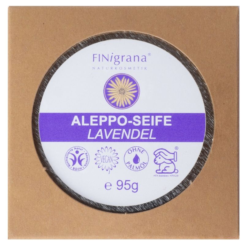 FINigrana® Naturkosmetik FINigrana Aleppo Olivenseife mit rein ätherischem Lavendelöl, 95g rund mit Weissblech-Seifendose & Geschenk Box, milde Pflanzenseife für alle Hauttypen mit zart blumigem Duft - Produktbild