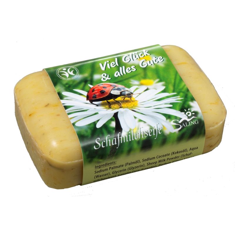 Saling Schafmilchseife "Viel Glück & alles Gute", Inhalt Ringelblumenseife 100g mit Banderole, BDIH zertifiziert - Produktbild