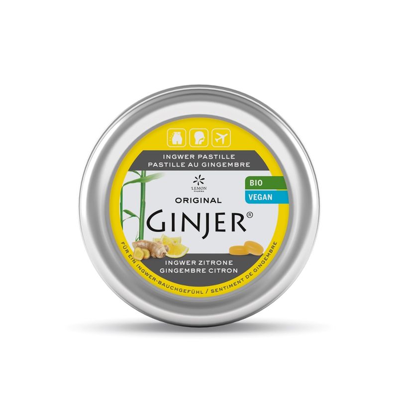 Lemon Pharma Original GINJER® Bio-Pastille Ingwerpastillen aus Akaziensaft mit Zitronengeschmack  BIO-zertifiziert Hergestellt im Manufakturbetrieb Mit Akaziensaft (Gummi Arabicum) Lang anhaltender Genuss Ingwerkraft für Mund und Rachen 100% vegane Zutaten - Produktbild