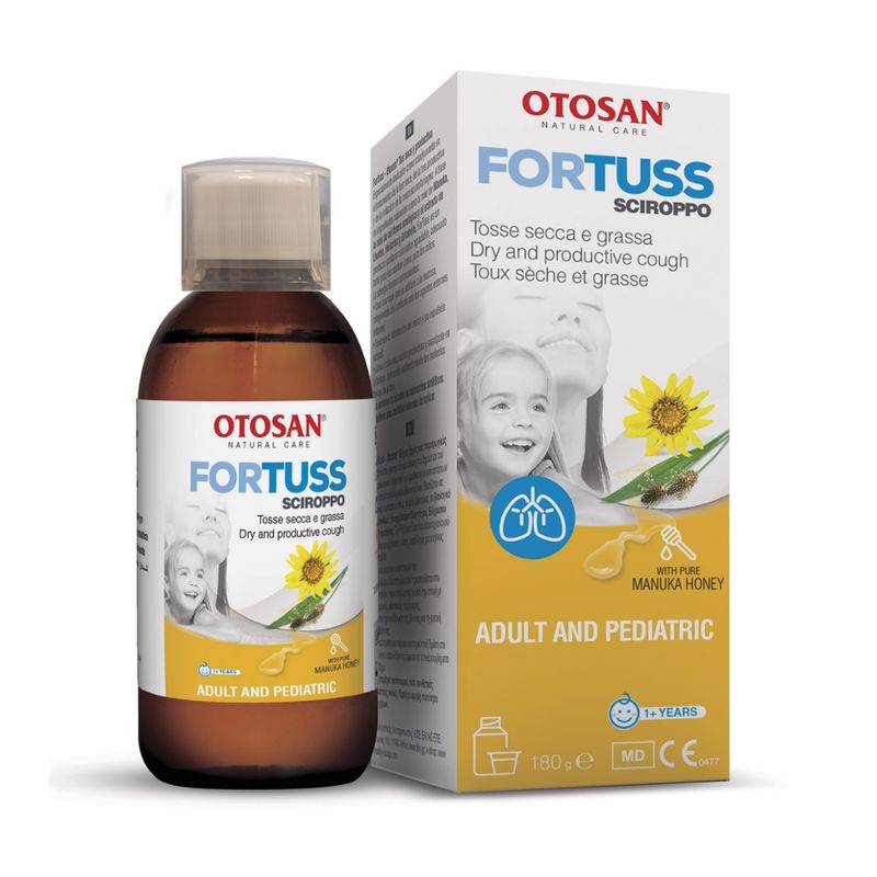 otosan OTOSAN ForTuss Husten Sirup Adult & Pediatric mit Manuka Honig 180 g ist ein Hilfsmittel bei der Behandlung von trockenem und verschleimtem Husten und von gereitzer Mund- und Rachenschleimhaut indiziertes Medizinprodukt - Produktbild
