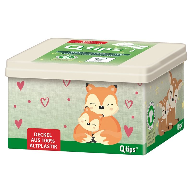Q-tips® Q-tips® Bio Baby-Pflegestäbchen, Würfelbox, 64 Stück - Produktbild