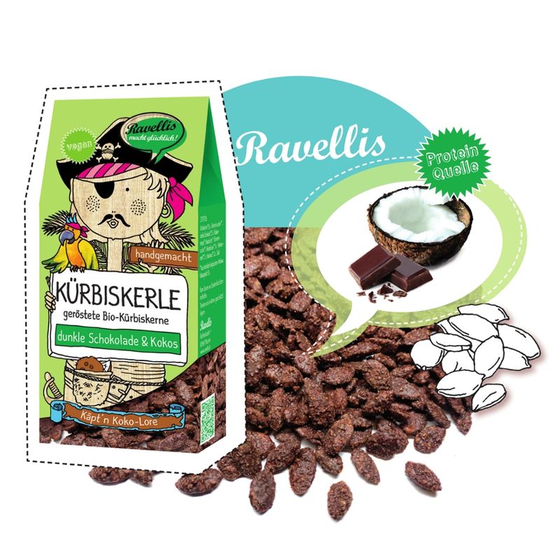 Ravellis "KÄPT´N KOKO-LORE" Geröstete Bio-Kürbiskerne veredelt mit dunkler Schokolade & Kokos - Produktbild