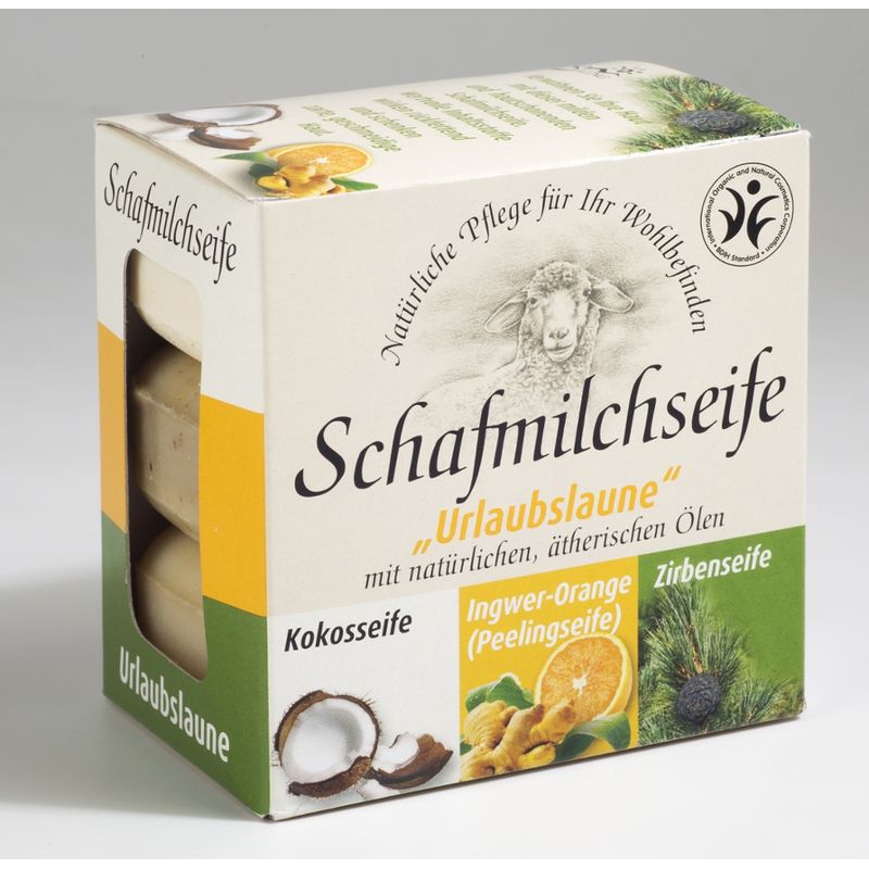 Saling Geschenkverpackung 3er Set "Urlaubslaune" bestehend aus je 1x Schafmilchseife Kokos, Ingwer-Orange und Zirbe - Produktbild