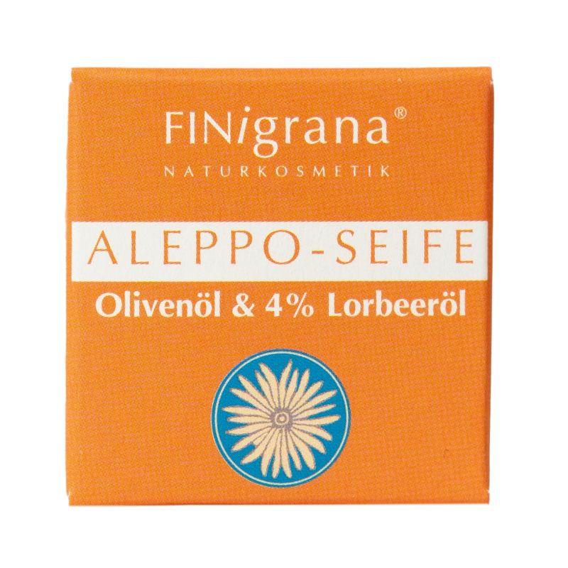 FINigrana® Naturkosmetik FINigrana Alepposeife. Olive & 4% Lorbeeröl, 25g in Kartönchen,  Gäste- Geschenk- Werbe- Hotel- Test & Reise Seife & schönes Naturkosmetik  "give-away" mit Legende, milde Pflanzenseife für alle Hauttypen mit atiseptischen Eigenschaften - Produktbild