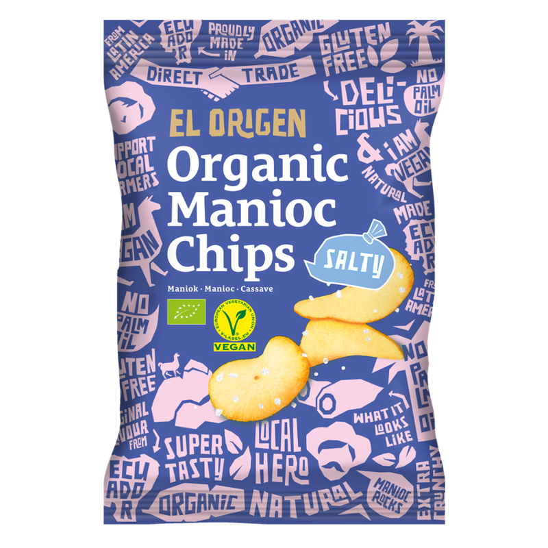 el origen el origen Bio Maniok Chips mit Meersalz, 60 g – aus direct trade, bio-zertifiziert, vegan, ohne Palmöl, glutenfrei, ohne Zusätze. - Produktbild