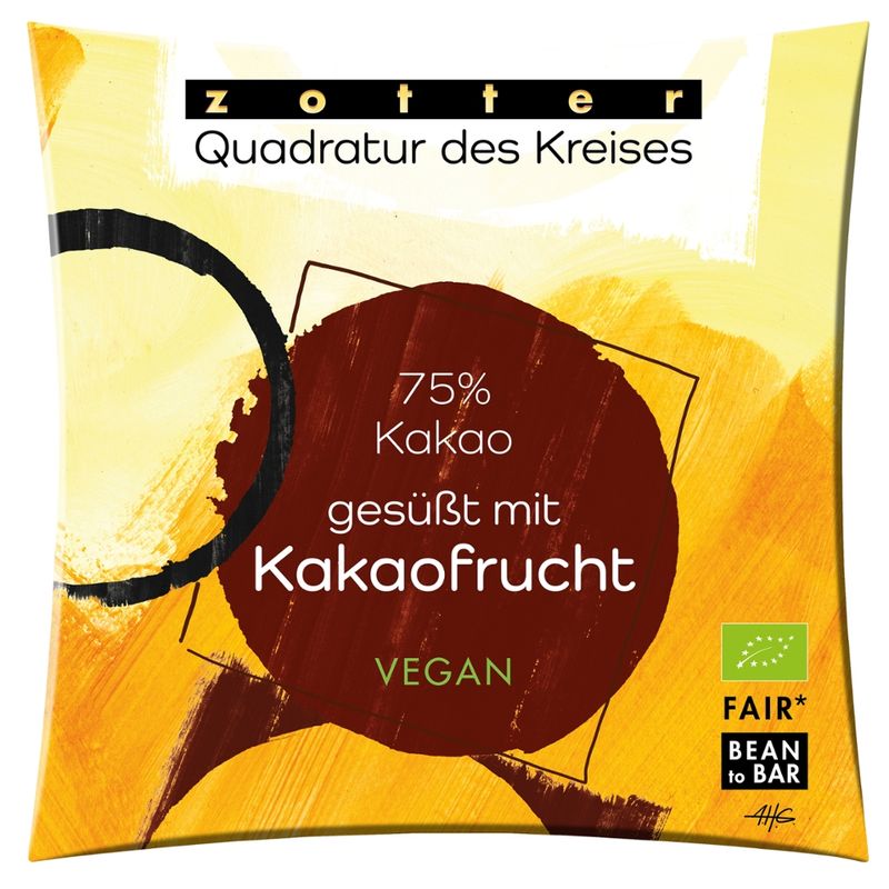 Zotter Schokolade Quadratur des Kreises - 75% Kakao, gesüßt mit Kakaofrucht - Produktbild