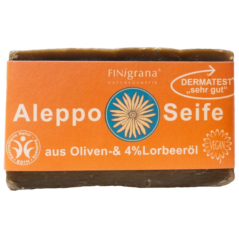 FINigrana® Naturkosmetik FINigrana Aleppo Olivenseife mit 4% Lorbeeröl, 180g traditionell handgeschnittener Naturblock, milde Pflanzenseife für alle Hauttypen zur täglichen Haut- & Haar- Reinigung und Pflege geeignet - Produktbild