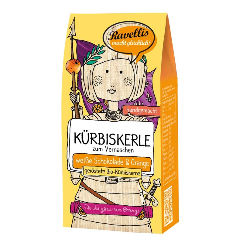 Ravellis "DIE JUNGFRAU VON ORANGE" Geröstete Bio-Kürbiskerne veredelt mit weißer Schokolade & Orange - Produktbild