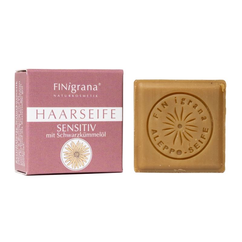 FINigrana® Naturkosmetik FINigrana Haarseife "SENSITIV" aus 5 verseiften Pflanzenölen & wertvollem Schwarzkümmleöl, 25g zur milden Haar Reinigung & Kopfhaut Pflege, mit natürlich-würzigem Duft Lorbeer & Nigella Sativa, für jeden Haartyp & besonders für feine, empfindliche Haare - Produktbild