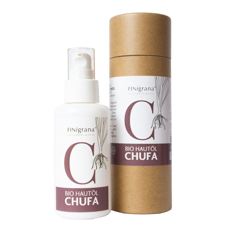 FINigrana® Naturkosmetik FINigrana® Bio CHUFA/Erdmandel-Haut-Öl, kaltgepresst, 100ml in Opalglasflasche mit Lotionspumpe in Licht- & Transport Schutz Kartonröhre - Produktbild