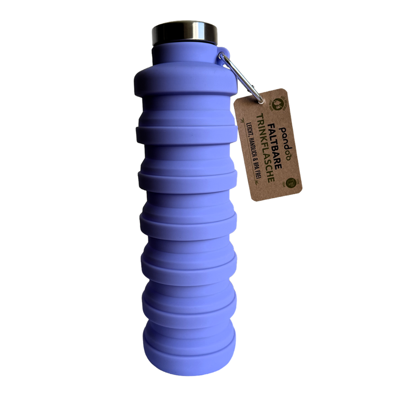 pandoo Faltbare Silikon Trinkflasche Lila mit Karabiner - Produktbild