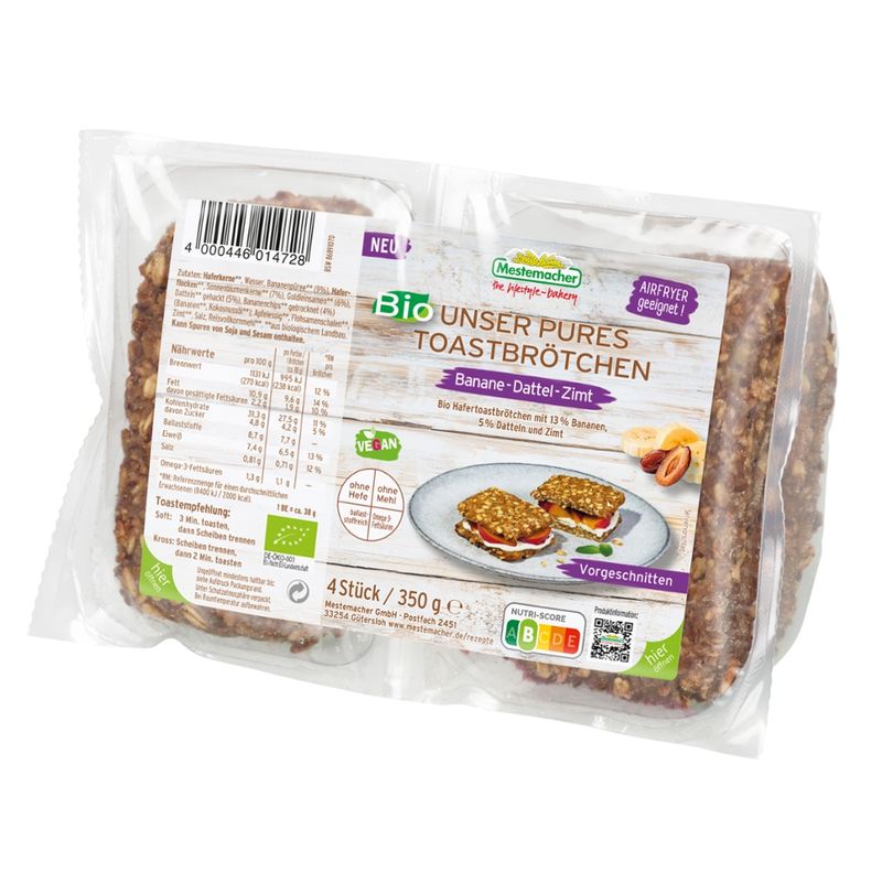 Mestemacher GmbH MM Bio Unser Pures Toastbrötchen Banane-Dattel-Zimt, 4 Stck., 350 g - Produktbild