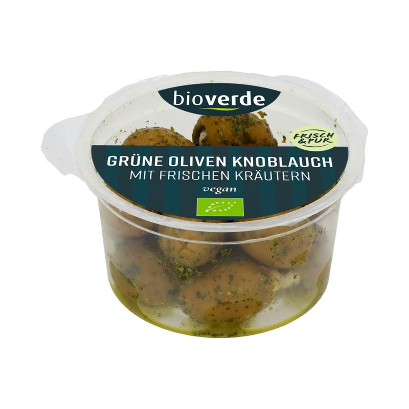 bio-verde Grüne Oliven mit Knoblauch mariniert mit frischen Kräutern 125 g - Produktbild