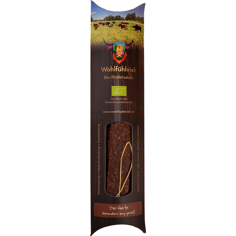 Wohlfühlvieh Premium BioRindersalami, Die Harte, ohne NPS, in Kartonverpackung - Produktbild