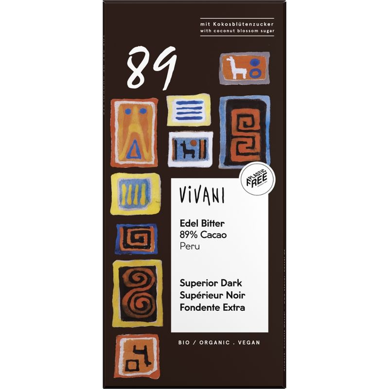 Vivani Edel Bitter Schokolade 89 % Cacao Peru mit Kokosblütenzucker - Produktbild