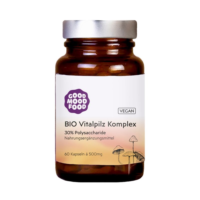 goodmoodfood BIO Vitalpilz Komplex Extrakt Kapseln in Premium-Qualität. Mit Cordyceps, Chaga, Reishi, Hericium, über 30% Pilz-Polysacchariden. - Produktbild