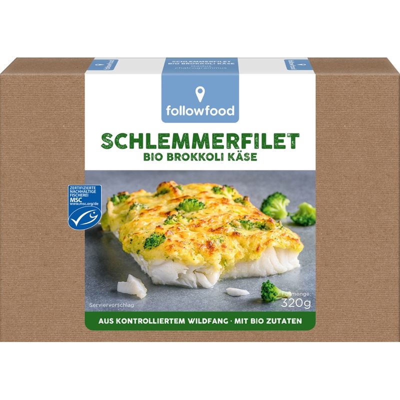 followfood Schlemmerfilet Bio-Brokkoli-Käse, Alaska-Seelachs-Filet, praktisch grätenfrei, aus Blöcken geschnitten mit einer feinen Auflage aus Bio-Brokkoli und Bio-Edamer-Käse, tiefgekühlt. - Produktbild