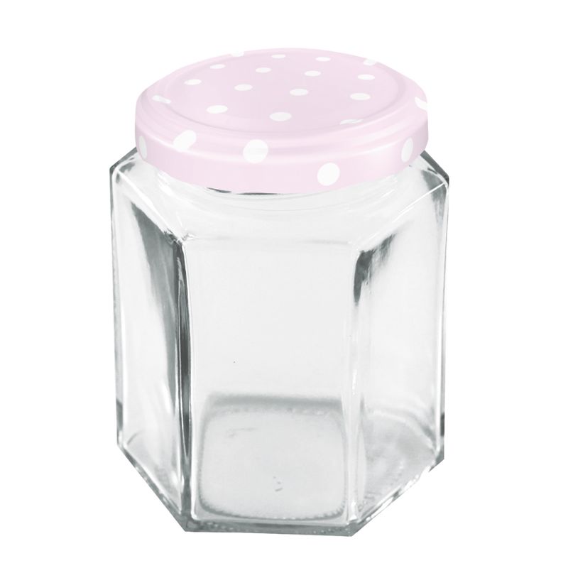 Dosen-Zentrale Züchner 191 ml Glas sechseckig, mit aufgeschraubten Cap 58 mm "Rosa - Punkte weiß" d537, EAN Etikett am Glasboden - Produktbild