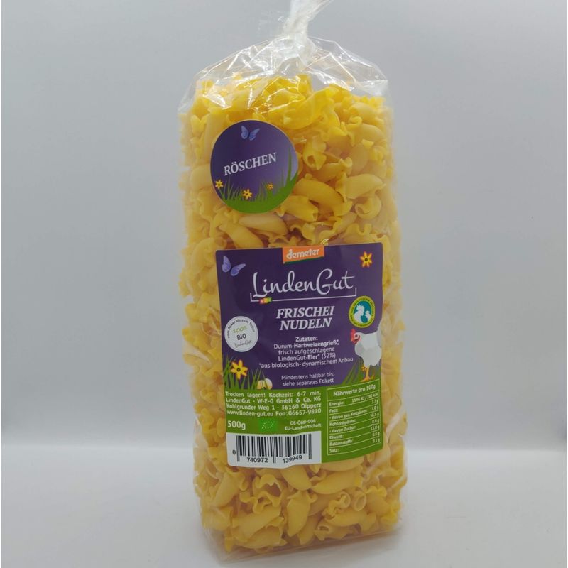 LindenGut Bio Röschen-Frischeinudeln aus der Zweinutzungshuhn-Hühnermobilhaltung der ökologischen Tierzucht, Demeter, 500g vom LindenGut - Produktbild