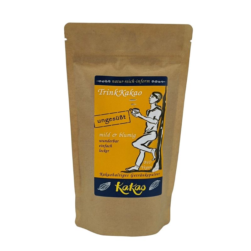 natur-reich-inform TrinkKakao - ungesüßt, 200g, Kakaohaltiges Getränkepulver - die zartbitter Mischung mit 75% aromatischem Kakao, ohne Zuckerzugabe, dafür mit Carob und seiner natürlichen Süße. - Produktbild