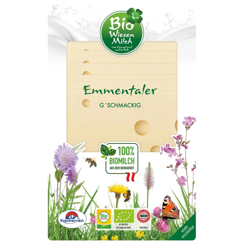 BioWiesenmilch Bio Wiesenmilch Emmentaler 45% F.i.T., 100g in Scheiben - Produktbild