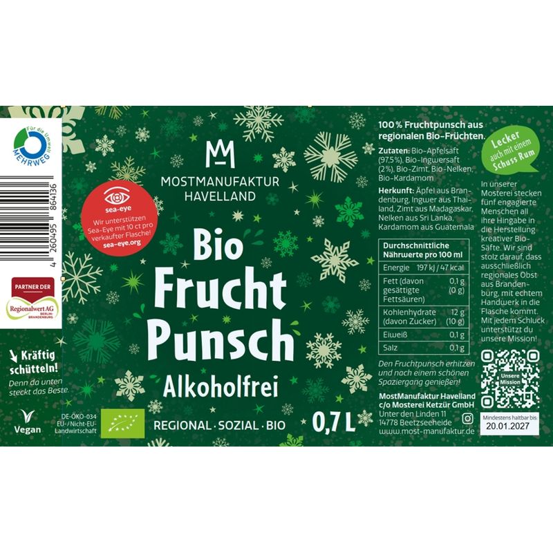 MostManufaktur Havelland Bio-Fruchtpunsch alkoholfrei hell - Produktbild