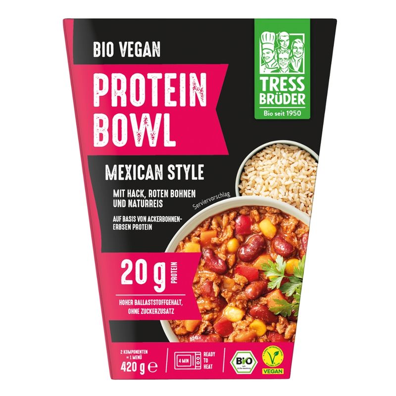 Tress Brüder Vegane Bio Protein Bowl "Mexican Style" mit Hack, roten Bohnen und als Beilage Naturreis - 1 Portion = 20 g Protein - Produktbild