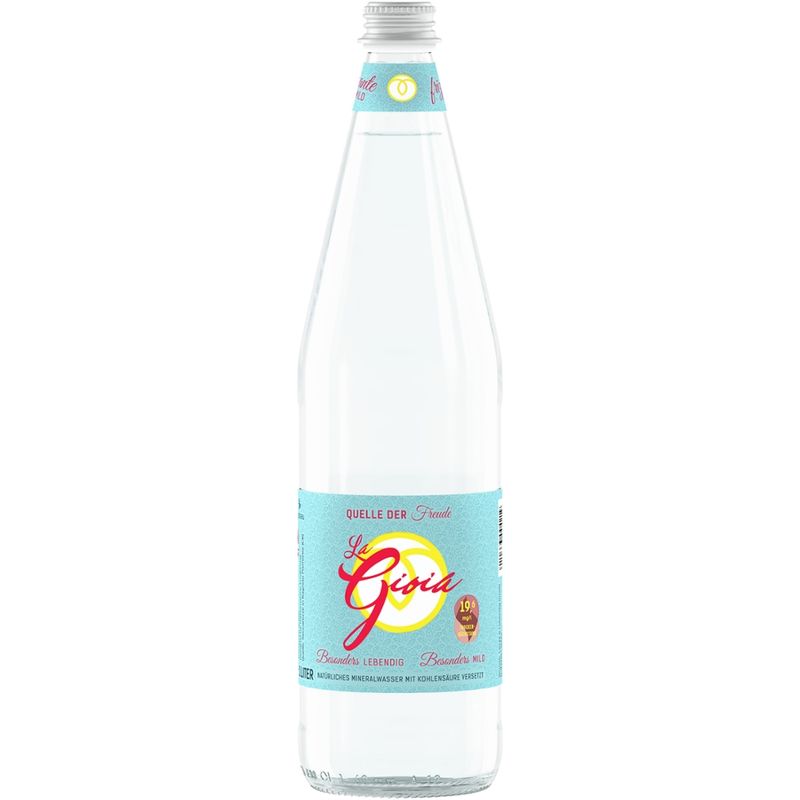 La Gioia La Gioia - Quelle der Freude, natürliches Mineralwasser mit Kohlensäure, absolut leicht, nur 19,6 mg/l Trockenrückstand. Besonders lebendig, besonders mild. - Produktbild