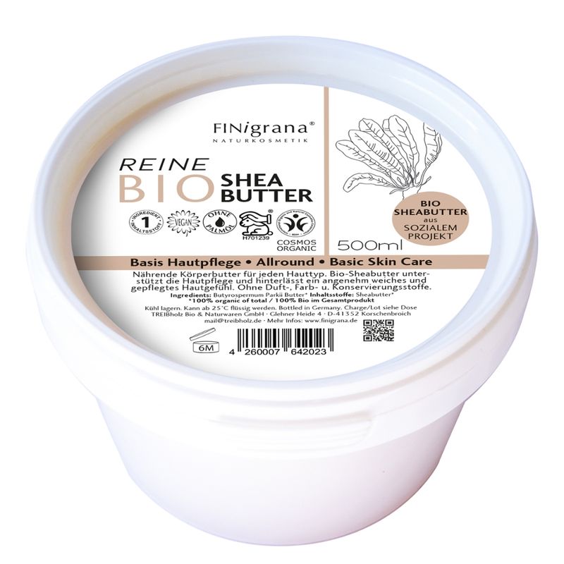 FINigrana® Naturkosmetik FINigrana® Shea Burkina, 100% reine Bio Shea-Butter (Körper Butter/Body Butter) zur Hautpflege aller Hauttypen sehr empfehlenswert, dermatologisch getestet von DERMATEST  Münster 01-2026 & mit „SEHR GUT“  bewertet, abgefüllt in 500ml PE Dose. - Produktbild
