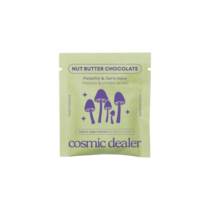 Cosmic Dealer Nut Butter Chocolate - dunkle Schokolade mit Pistazienmus und Lion's Mane Extrakt, nur mit Datteln gesüßt, vegan, 20 g - Produktbild