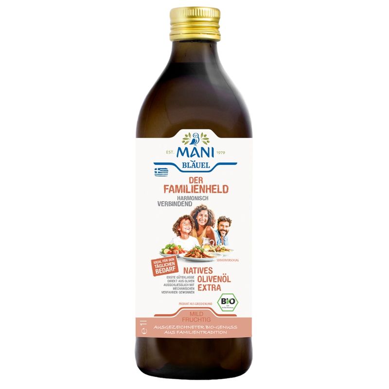 MANI® MANI Bläuel Der Familenheld, natives Olivenöl extra, BIO, 1 l Flasche - Produktbild