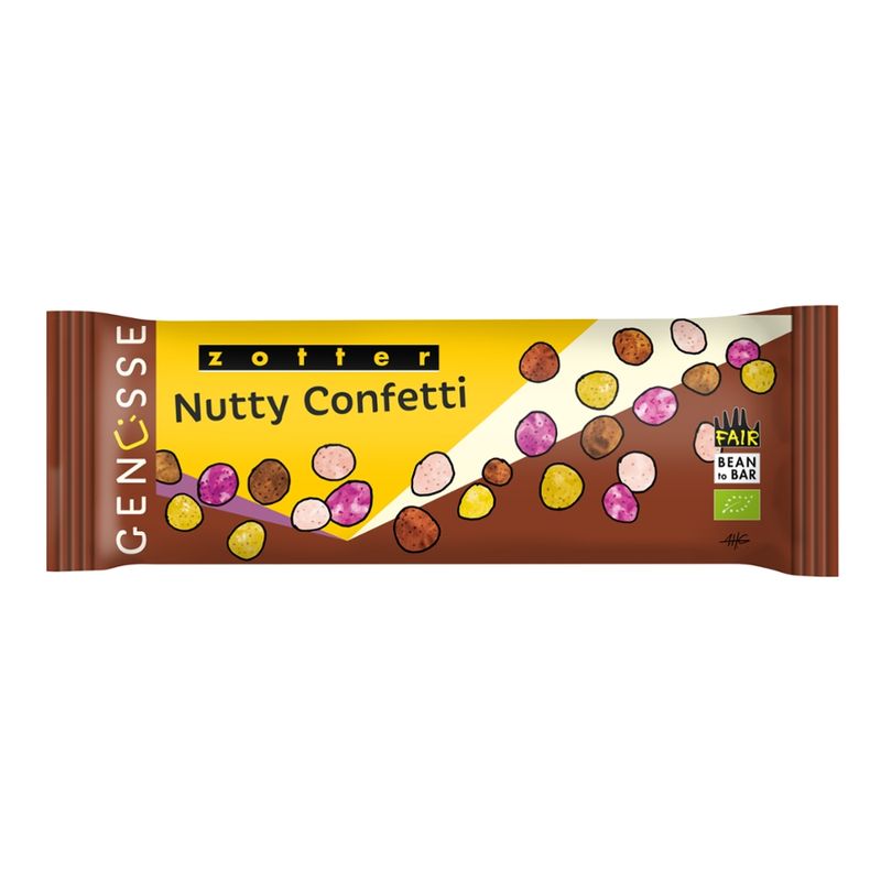 Zotter Schokolade Genüsse - Nutty Confetti - Bunte Haselnüsse auf Milchschoko - Produktbild