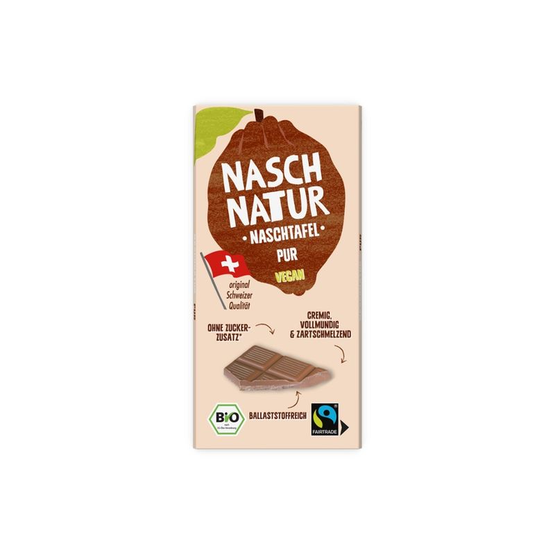 NaschNatur Bio NaschTafel Pur - zartschmelzende Vollmilch-Alternative-Schokolade, nur mit Datteln gesüßt - Produktbild