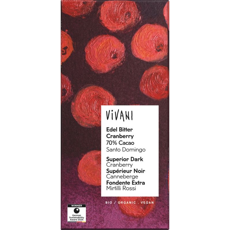 Vivani Edel Bitter Cranberry Schokolade 70% Cacao Santo Domingo - Produktbild