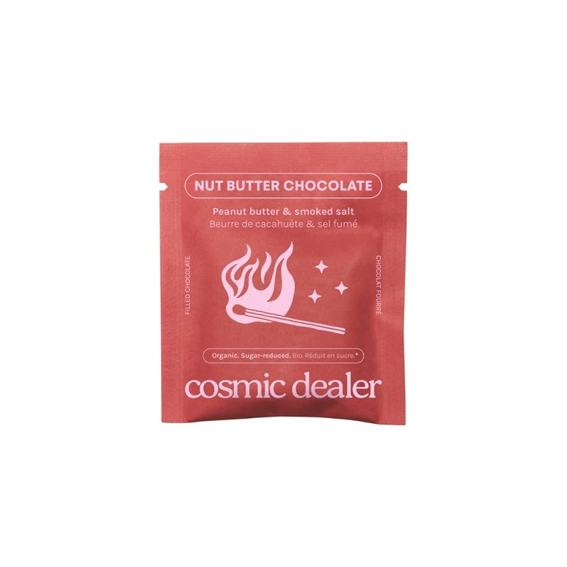 Cosmic Dealer Nut Butter Chocolate - dunkle Schokolade mit Erdnussmus und Rauchsalz, nur mit Datteln gesüßt, vegan, 20 g - Produktbild