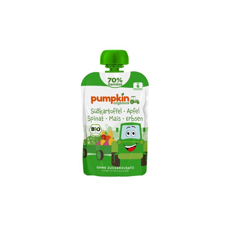 Pumpkin Organics Bio Quetschie mit Süßkartoffel, Apfel, Spinat, Mais und Erbsen - Produktbild