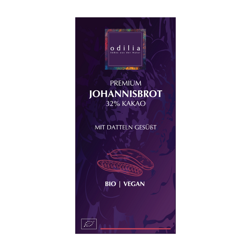 odilia Purer Genuss ohne zugesetzten Zucker – unsere Johannisbrot-Schokolade, süß ausschließlich mit Datteln. Biologisch, vegan und nachhaltig hergestellt - Produktbild