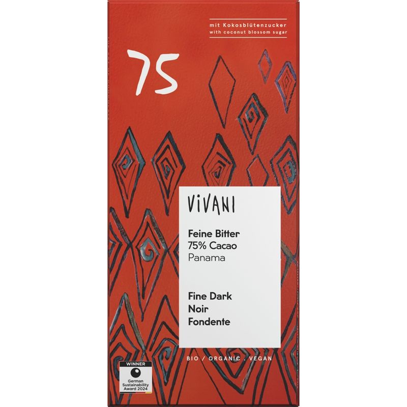 Vivani Feine Bitter Schokolade 75% Cacao Panama mit Kokosblütenzucker - Produktbild