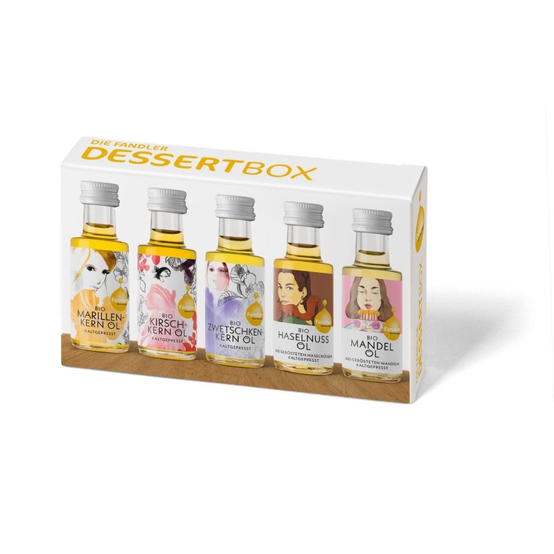 Ölmühle Fandler Die Fandler Dessertbox (Bio-Kischkernöl, Bio-Haselnussöl, Bio-Marillenkernöl, Bio-Mandelöl, Bio-Zwetschkenkernöl) - Produktbild